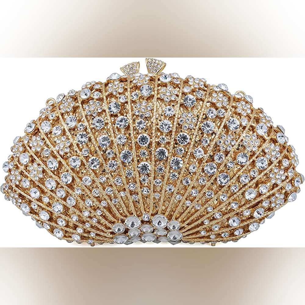 NEW Shell Shape Clutch Purse Sparkling Bling Crystal Rhinestones Silver or Gold - Picture 8 of 11